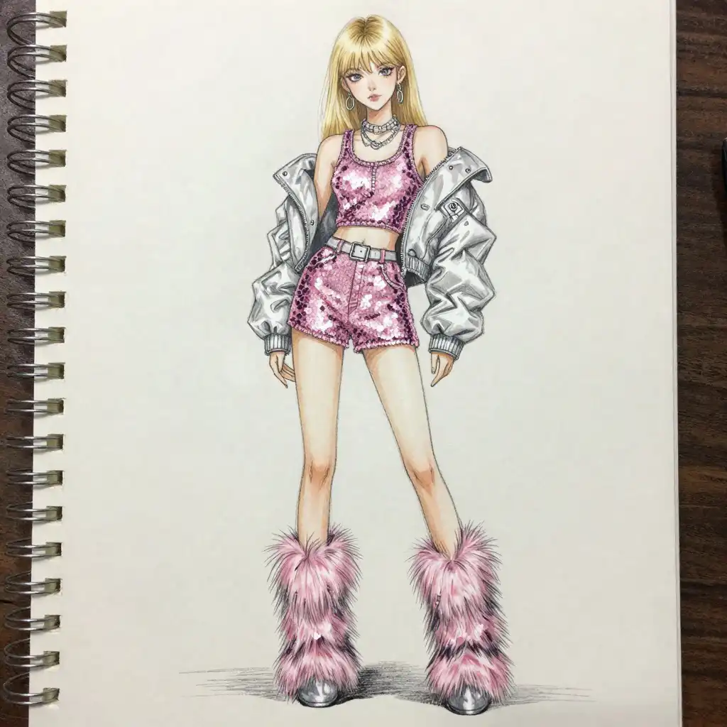 Illustration of a stylish fashion sketch with a girl in a pink sequin outfit, silver jacket, and fluffy boots on a spiral-bound notebook.
