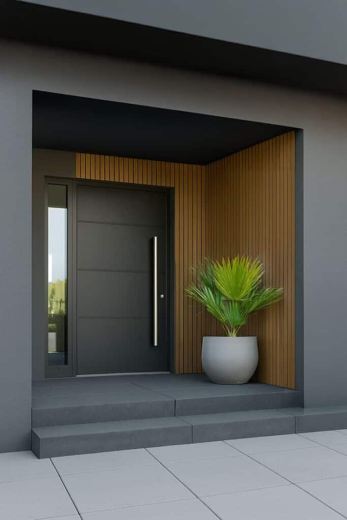 antaba pochwyt drzwiowy door handle drzwi do domu wejściowe Modern entrance with a sleek black door, vertical wood paneling, and a potted plant on a concrete patio. Stylish architectural design. | Sky Rye Design Modern entrance with a sleek black door, vertical wood paneling, and a potted plant on a concrete patio. Stylish architectural design.