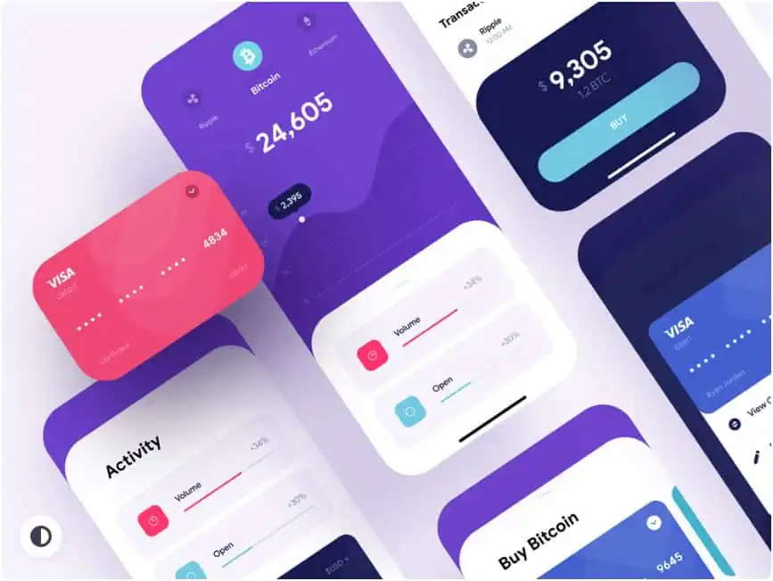 Colorful cryptocurrency and finance app interface displaying Bitcoin price, Visa card details, trading volume, and activity analytics.