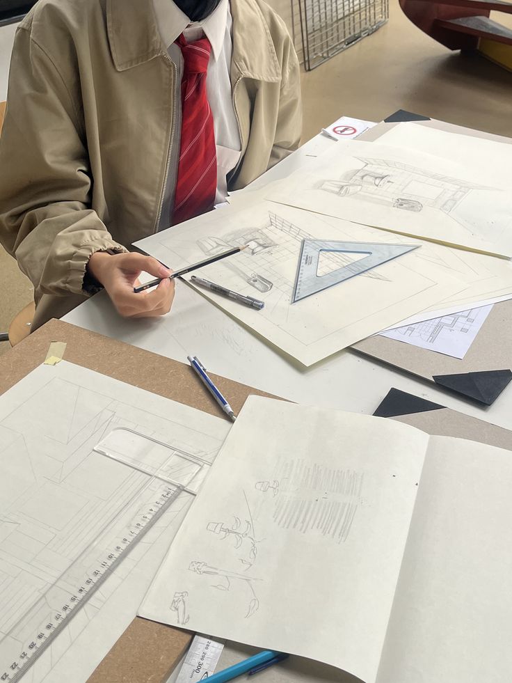 archi girl Person sketching architectural designs with paper, pencils, and rulers on a desk, wearing a tan jacket and red tie. | Sky Rye Design Person sketching architectural designs with paper, pencils, and rulers on a desk, wearing a tan jacket and red tie.