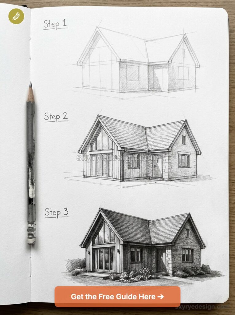 tutorial-modern-cottage-house- Three-step pencil house sketch tutorial showing progression from basic outline to detailed architectural rendering | Sky Rye Design Three-step pencil house sketch tutorial showing progression from basic outline to detailed architectural rendering