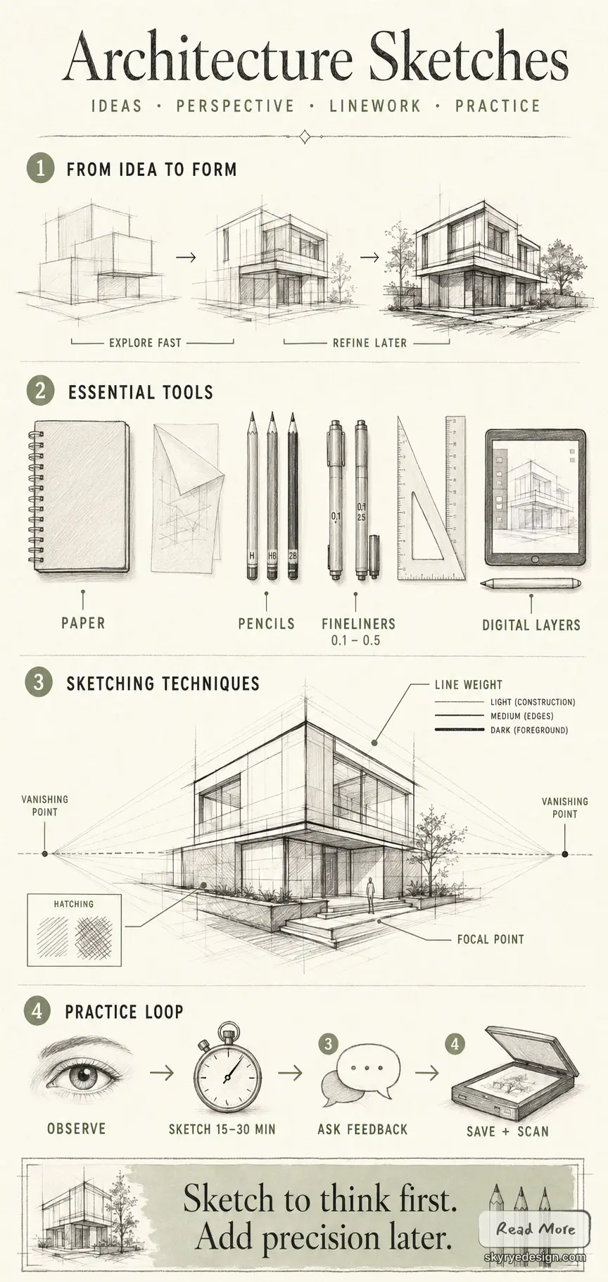 526c9777-7509-4d21-915b-42deb029e0e0 Architecture sketches infographic: idea-to-form stages, essential tools, perspective techniques, practice loop | Sky Rye Design Architecture sketches infographic: idea-to-form stages, essential tools, perspective techniques, practice loop