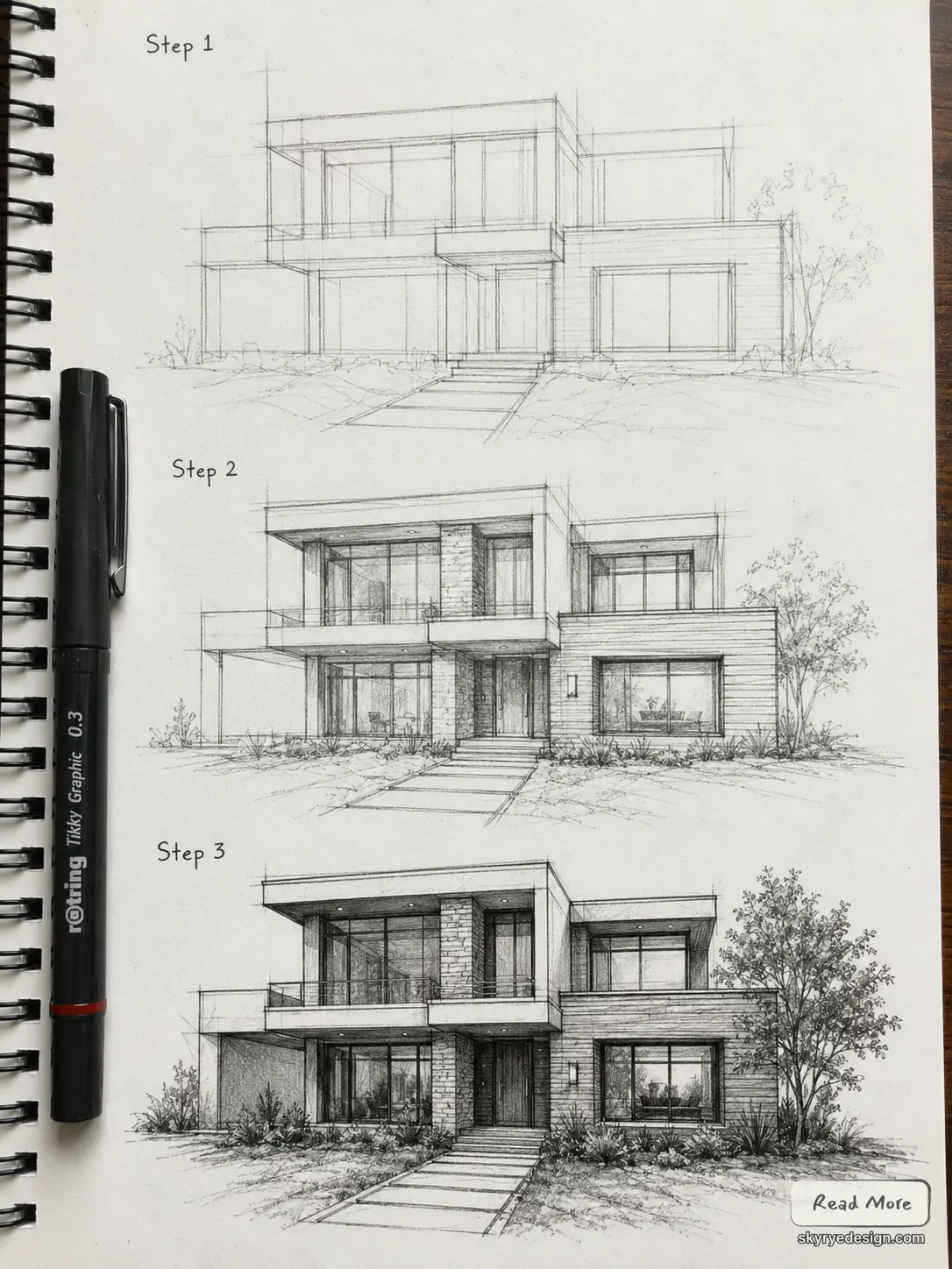 architectural sketches Pencil sketch of a modern two‑story house with flat roof, large windows, and a front walkway. Step 1 | Sky Rye Design Step-by-step pencil sketches of a modern two-story house design progression, architectural drawing and rendering process.