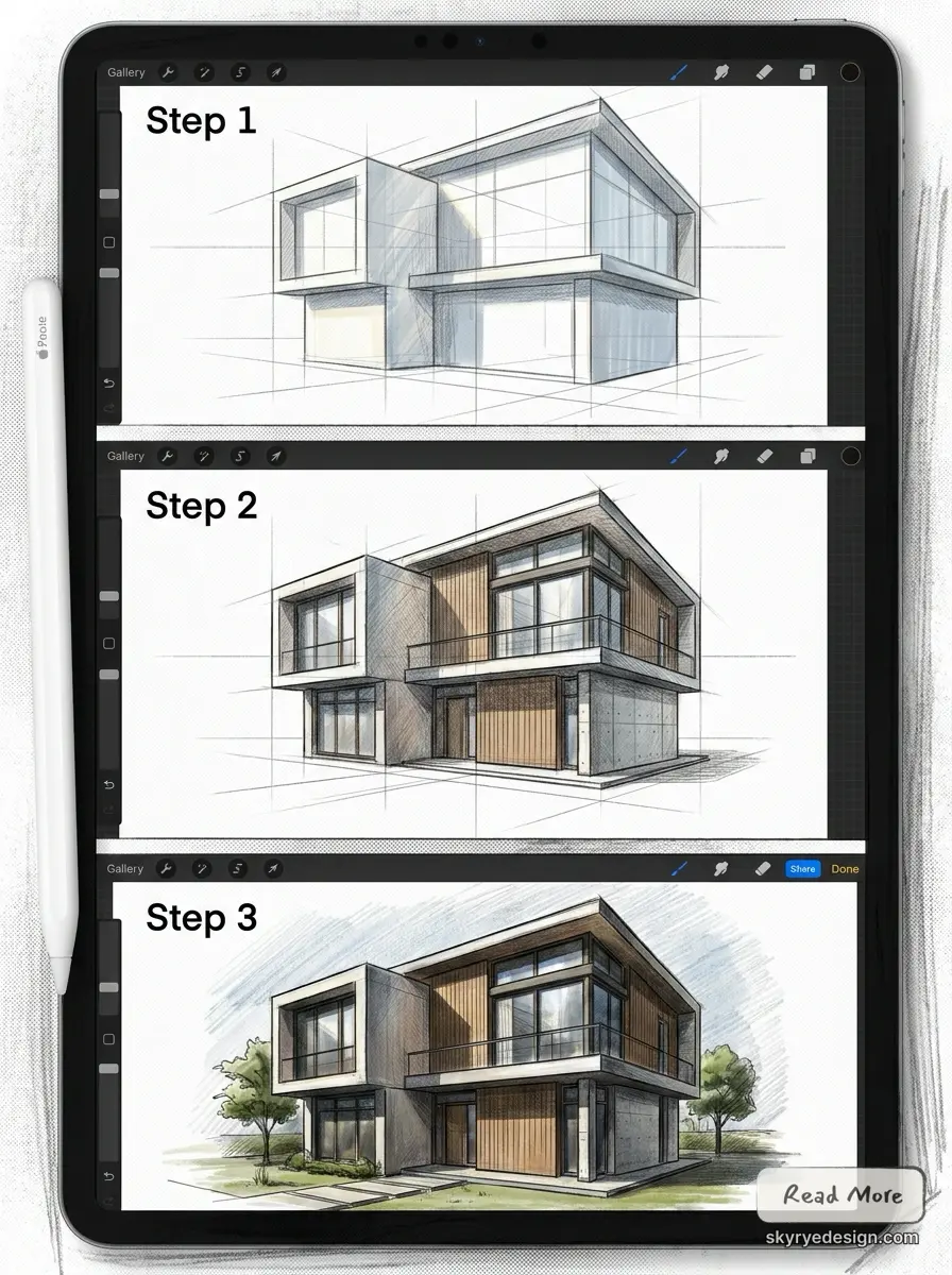 House_drawing_tutorial_steps_202607031336 Tablet display showing three-step digital architectural rendering of a modern two-story house (sketch to colored render) | Sky Rye Design Tablet display showing three-step digital architectural rendering of a modern two-story house (sketch to colored render)