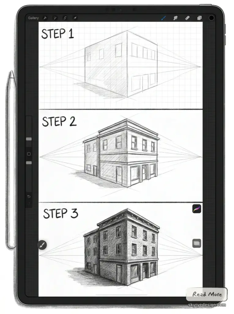 Drawing_tutorial_building_steps_202607031348 iPad displaying a 3-step perspective building drawing tutorial: block-in, detailed lines, and shaded rendered sketch. Procreate | Sky Rye Design iPad displaying a 3-step perspective building drawing tutorial: block-in, detailed lines, and shaded rendered sketch. Procreate
