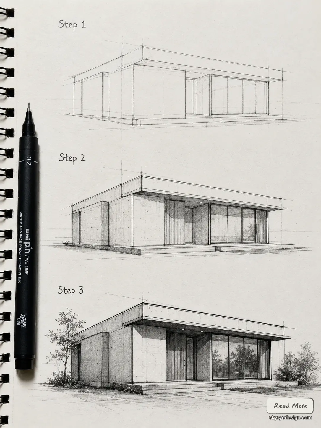 3fd67254-f20a-4d4f-933a-6ea048af980d Three-step pencil architectural sketches showing a modern minimalist house perspective progression, pen on spiral sketchbook. | Sky Rye Design Three-step pencil architectural sketches showing a modern minimalist house perspective progression, pen on spiral sketchbook.