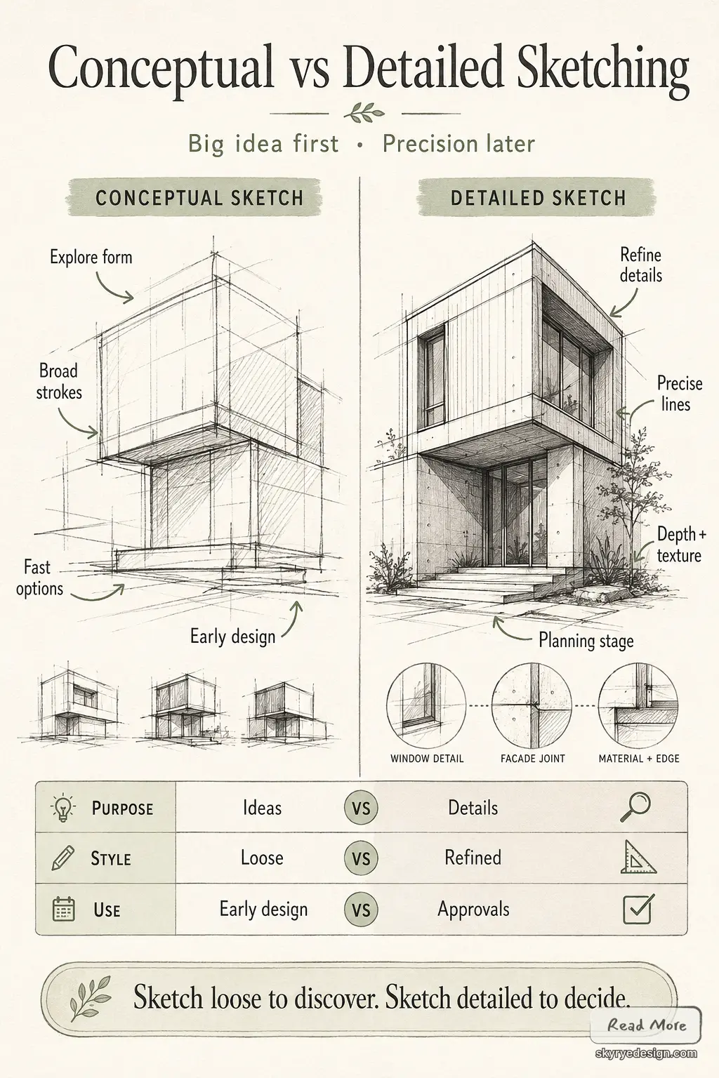 9334c128-5418-48c4-8af8-109d470185df Conceptual vs detailed architectural sketching infographic: loose early design sketches vs refined technical drawings | Sky Rye Design Conceptual vs detailed architectural sketching infographic: loose early design sketches vs refined technical drawings