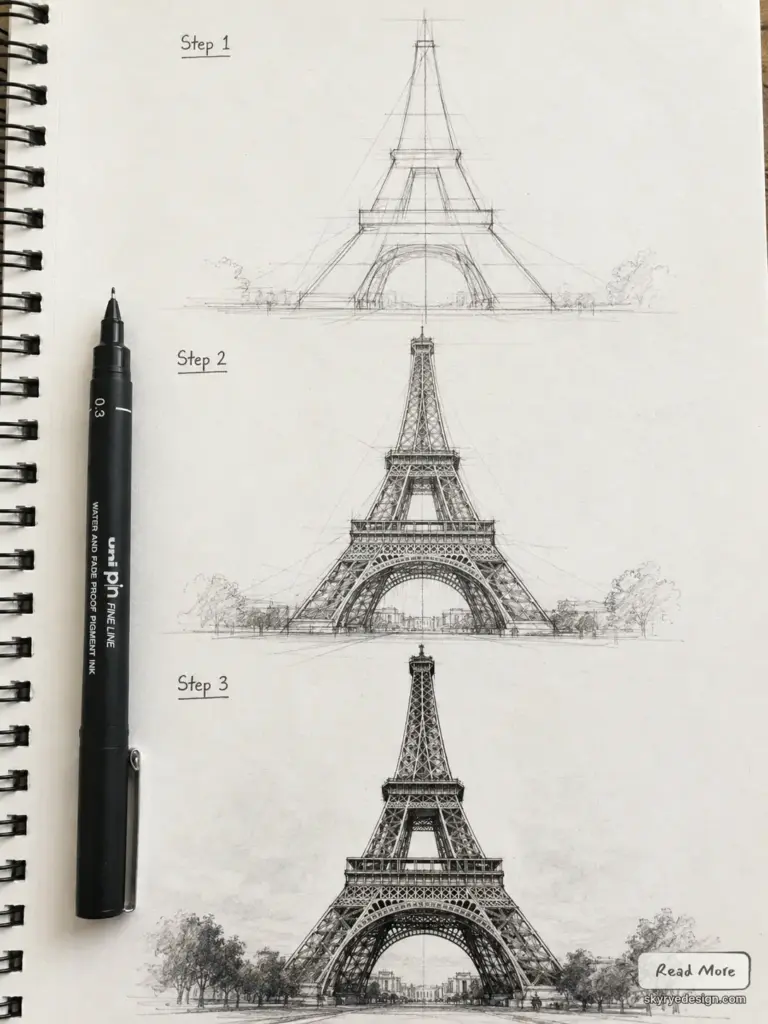 674d8f16-43a4-4958-9362-85f808b0e4a4 How to draw Eiffel Tower: sketchbook step-by-step pen tutorial showing three stages of a detailed Eiffel Tower drawing. | Sky Rye Design How to draw Eiffel Tower: sketchbook step-by-step pen tutorial showing three stages of a detailed Eiffel Tower drawing.