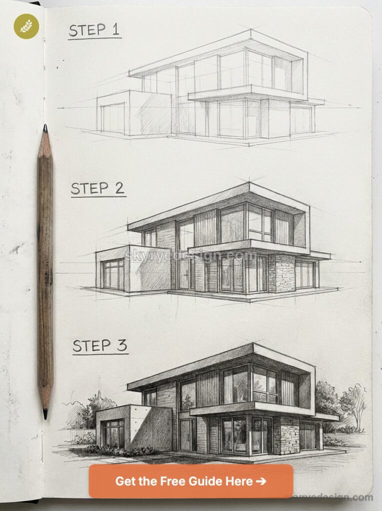 tutorial-modern-house-architectural- Step-by-step pencil architectural sketches showing modern two-story house progression, pencil at left and CTA banner below | Sky Rye Design Step-by-step pencil architectural sketches showing modern two-story house progression, pencil at left and CTA banner below
