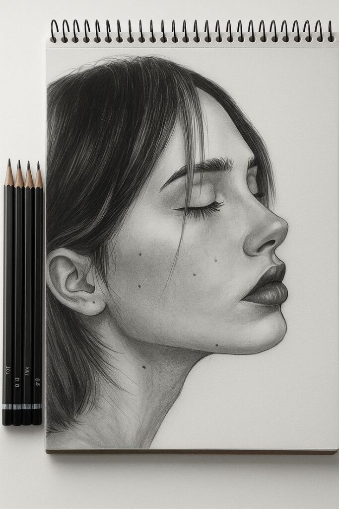 artist drawing pencil drawingsketch Sketch of a woman's profile with closed eyes, drawn in pencil on a sketchpad, alongside four black pencils. | Sky Rye Design Sketch of a woman's profile with closed eyes, drawn in pencil on a sketchpad, alongside four black pencils.