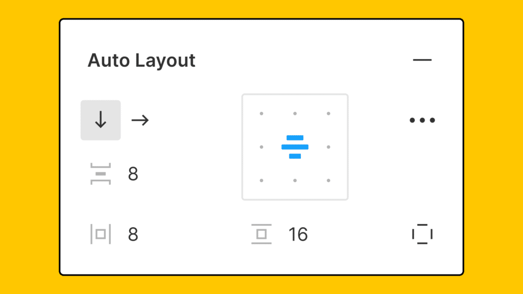 Figma Auto Layout interface showing vertical and horizontal alignment options with spacing settings on a yellow background.