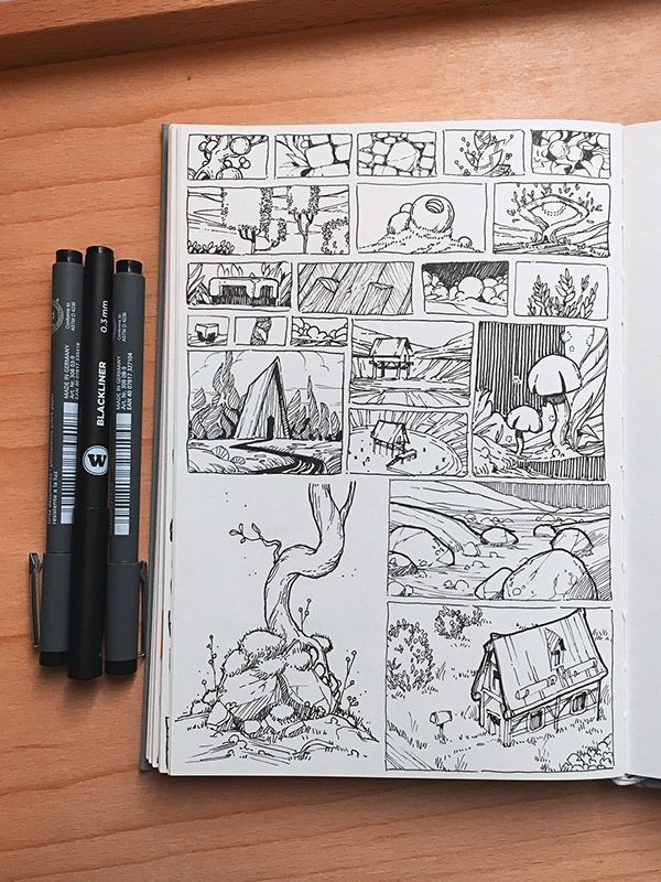 b12d92cf6d32bb285c5db70c0bed16f1 Open sketchbook with landscape doodles, ink pens beside on the table. Illustrations include trees, rocks, and a small cabin. | Sky Rye Design Open sketchbook with landscape doodles, ink pens beside on the table. Illustrations include trees, rocks, and a small cabin.