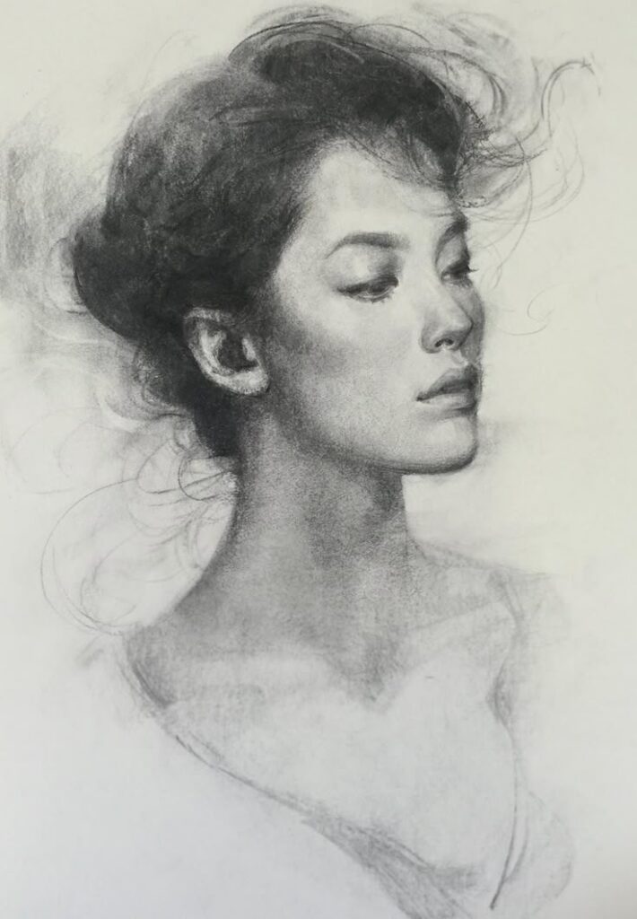 b2a5d757-39f1-49ad-9c94-bf21fa932650 Pencil drawing of a woman with closed eyes, facing right, with detailed hair and facial features. Realistic sketch on paper. | Sky Rye Design Pencil drawing of a woman with closed eyes, facing right, with detailed hair and facial features. Realistic sketch on paper.