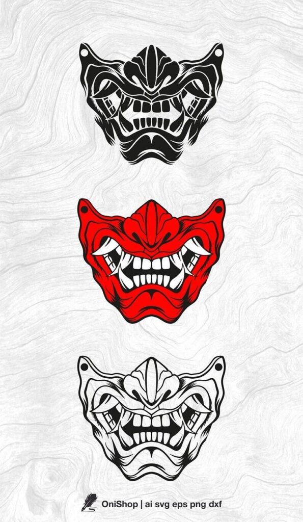 b663fb41-45a9-4738-874c-4ac4017331a3 Three oni mask designs, with intricate details, in black, red, and monochrome, displayed on a textured background. Perfect for art projects. | Sky Rye Design Three oni mask designs, with intricate details, in black, red, and monochrome, displayed on a textured background. Perfect for art projects.