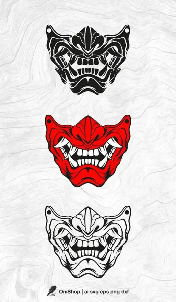 b663fb41-45a9-4738-874c-4ac4017331a3 Three oni mask designs, with intricate details, in black, red, and monochrome, displayed on a textured background. Perfect for art projects. | Sky Rye Design Three oni mask designs, with intricate details, in black, red, and monochrome, displayed on a textured background. Perfect for art projects.