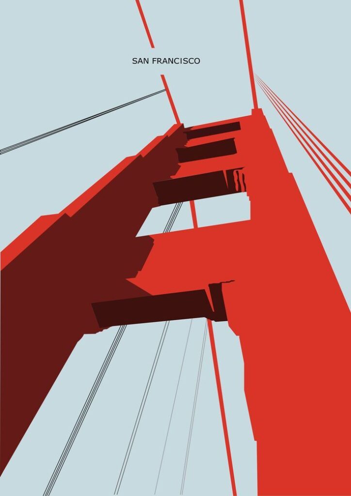 Illustrated view of the Golden Gate Bridge structure, emphasizing its iconic red towers under a clear blue sky.