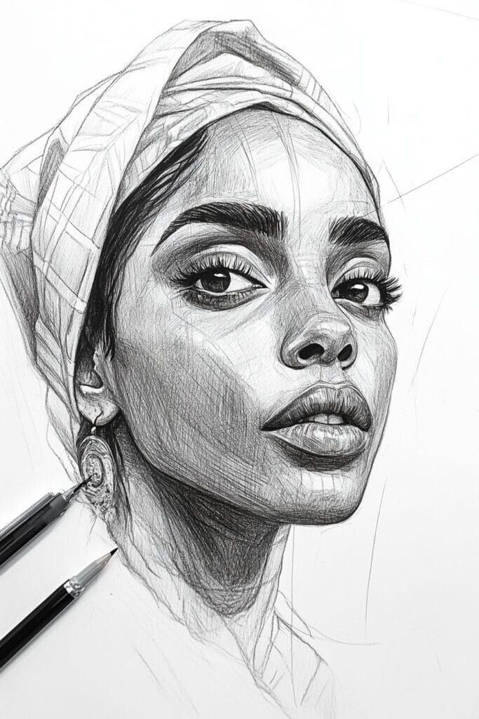 b9363cab-8f0a-4f2f-8835-f59cd6b9df52 A detailed pencil sketch of a woman with a headwrap, looking pensively to the side. Two pencils are placed beside the portrait. | Sky Rye Design A detailed pencil sketch of a woman with a headwrap, looking pensively to the side. Two pencils are placed beside the portrait.