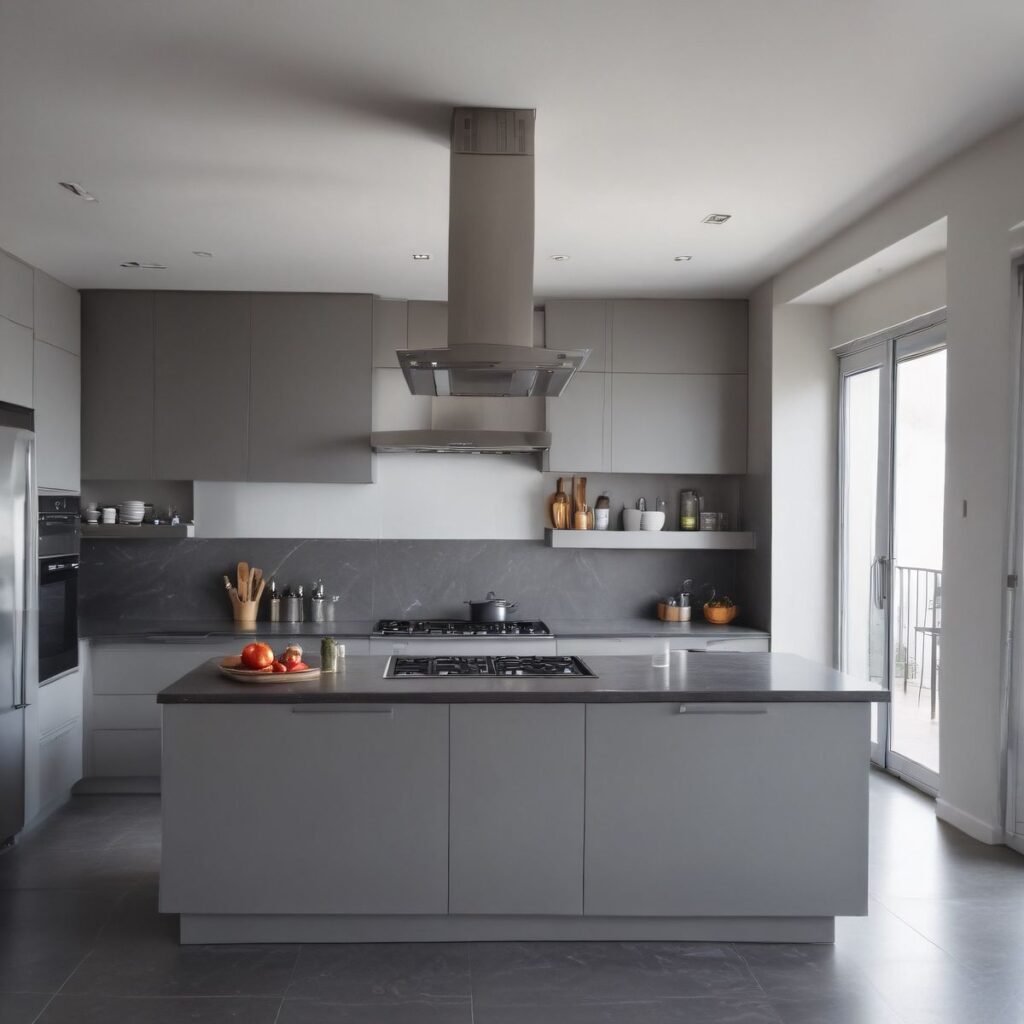 b9a8ba2b81ba0146defac83f772d79f1 Modern kitchen with grey cabinetry and central island, featuring sleek appliances and minimalistic decor, bathed in natural light. | Sky Rye Design Modern kitchen with grey cabinetry and central island, featuring sleek appliances and minimalistic decor, bathed in natural light.