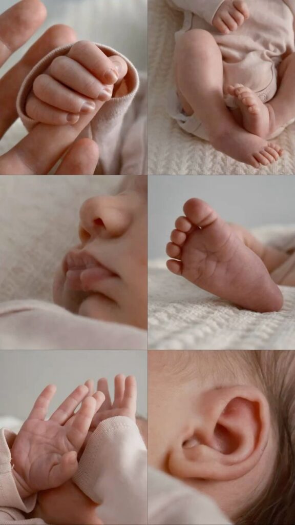 baby girl Close-up collage of a newborn baby showcasing hands, feet, nose, lips, and ear, capturing delicate features and tender details. | Sky Rye Design Close-up collage of a newborn baby showcasing hands, feet, nose, lips, and ear, capturing delicate features and tender details.