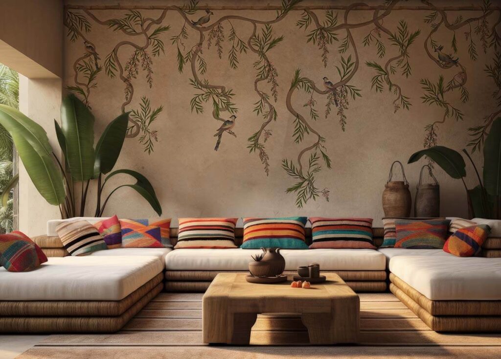 banner Cozy living room with colorful cushions, wood table, and nature-inspired wall mural featuring birds and vines, creating a serene atmosphere. | Sky Rye Design Cozy living room with colorful cushions, wood table, and nature-inspired wall mural featuring birds and vines, creating a serene atmosphere.