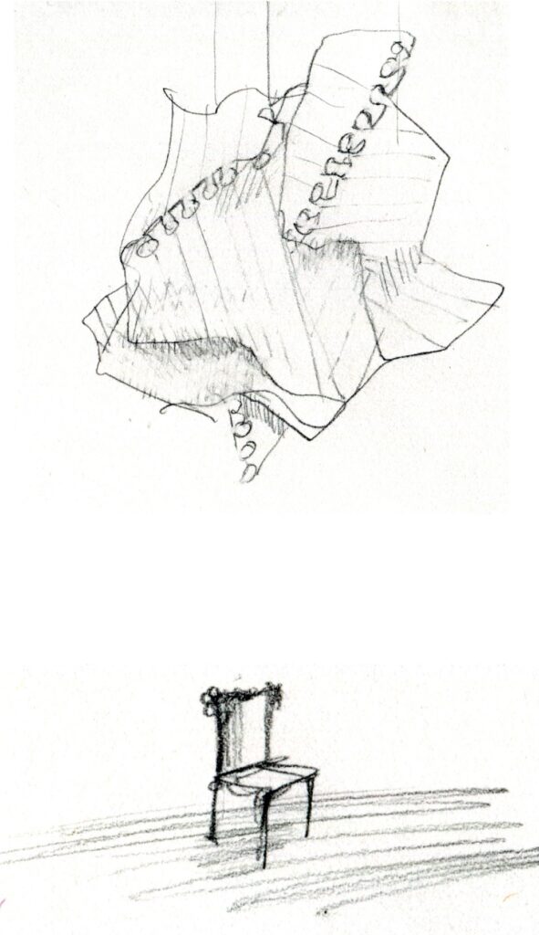 bbed39e9a4f20c8f773627f6787790e9 Pencil sketch of an abstract floating shape above a simple chair on a striped floor, illustrating creative design concepts. | Sky Rye Design Pencil sketch of an abstract floating shape above a simple chair on a striped floor, illustrating creative design concepts.