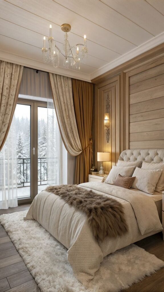 bd8258b1-a6a6-4ede-af5a-879a0e92ca26 Luxurious cozy bedroom with plush bedding, elegant chandelier, and winter forest view through large windows, ideal for relaxation. | Sky Rye Design Luxurious cozy bedroom with plush bedding, elegant chandelier, and winter forest view through large windows, ideal for relaxation.