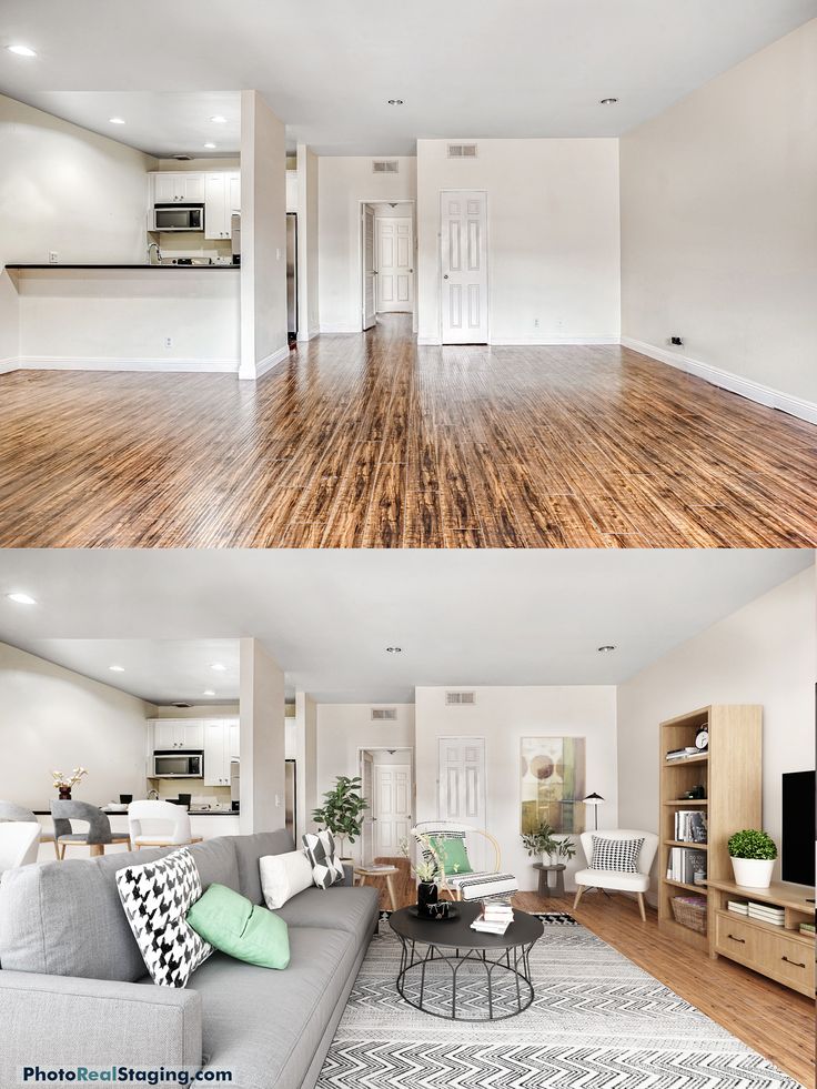 beforeafter realestate interiordesign virtualstaging homestaging realtor realestateagansy propertyforsale virtual vrayrender 3dsmaxrendering rendering luxuryhomes stanginghomes Living room transformation: empty space to cozy, modern design with furniture, decor, and open kitchen in background. | Sky Rye Design Living room transformation: empty space to cozy, modern design with furniture, decor, and open kitchen in background.