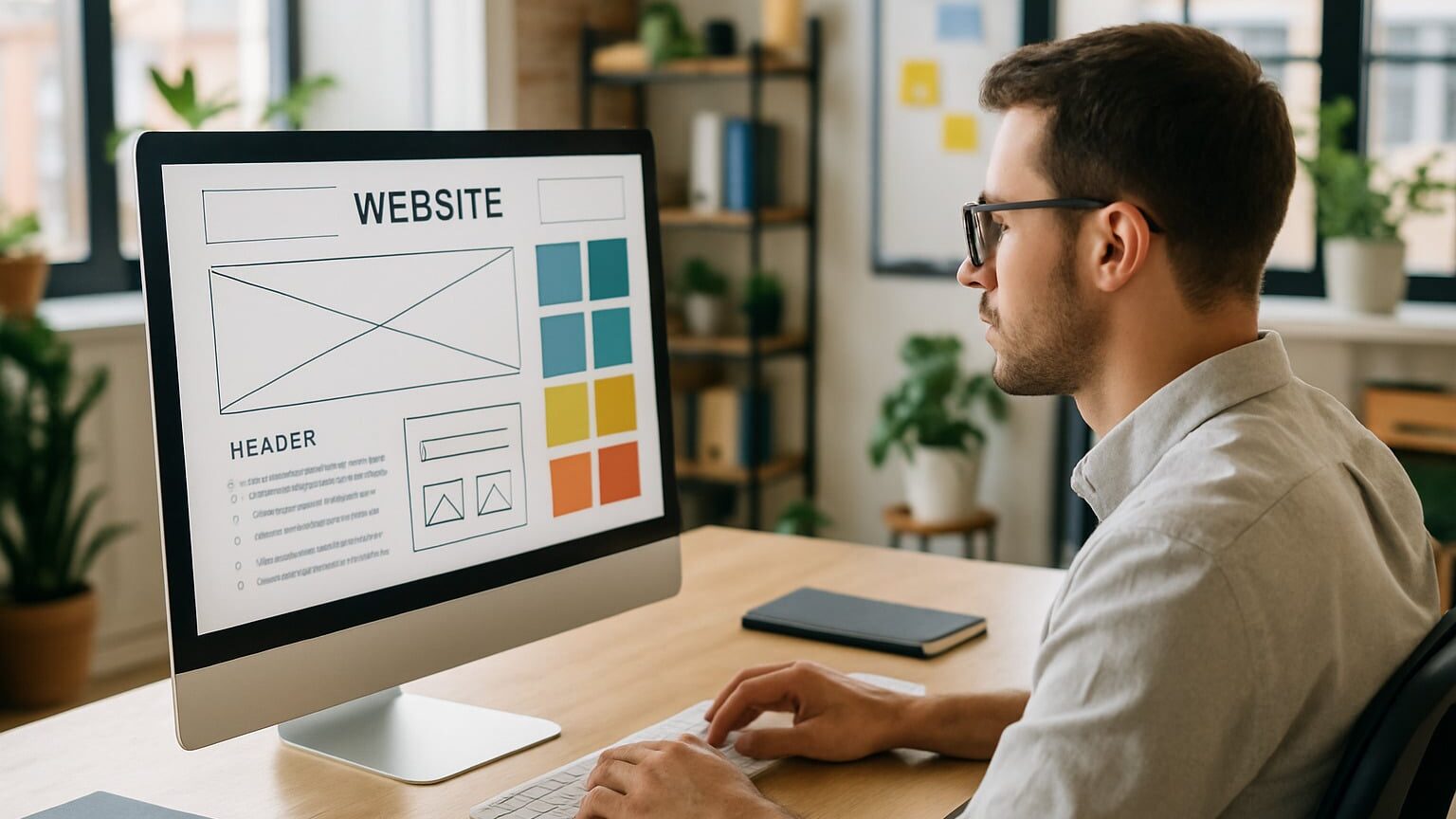 beginners-guide-to-web-design-everything-you-need-to-know Person designing a website on a computer screen at a modern desk, with a layout and colorful elements visible. | Sky Rye Design Person designing a website on a computer screen at a modern desk, with a layout and colorful elements visible.