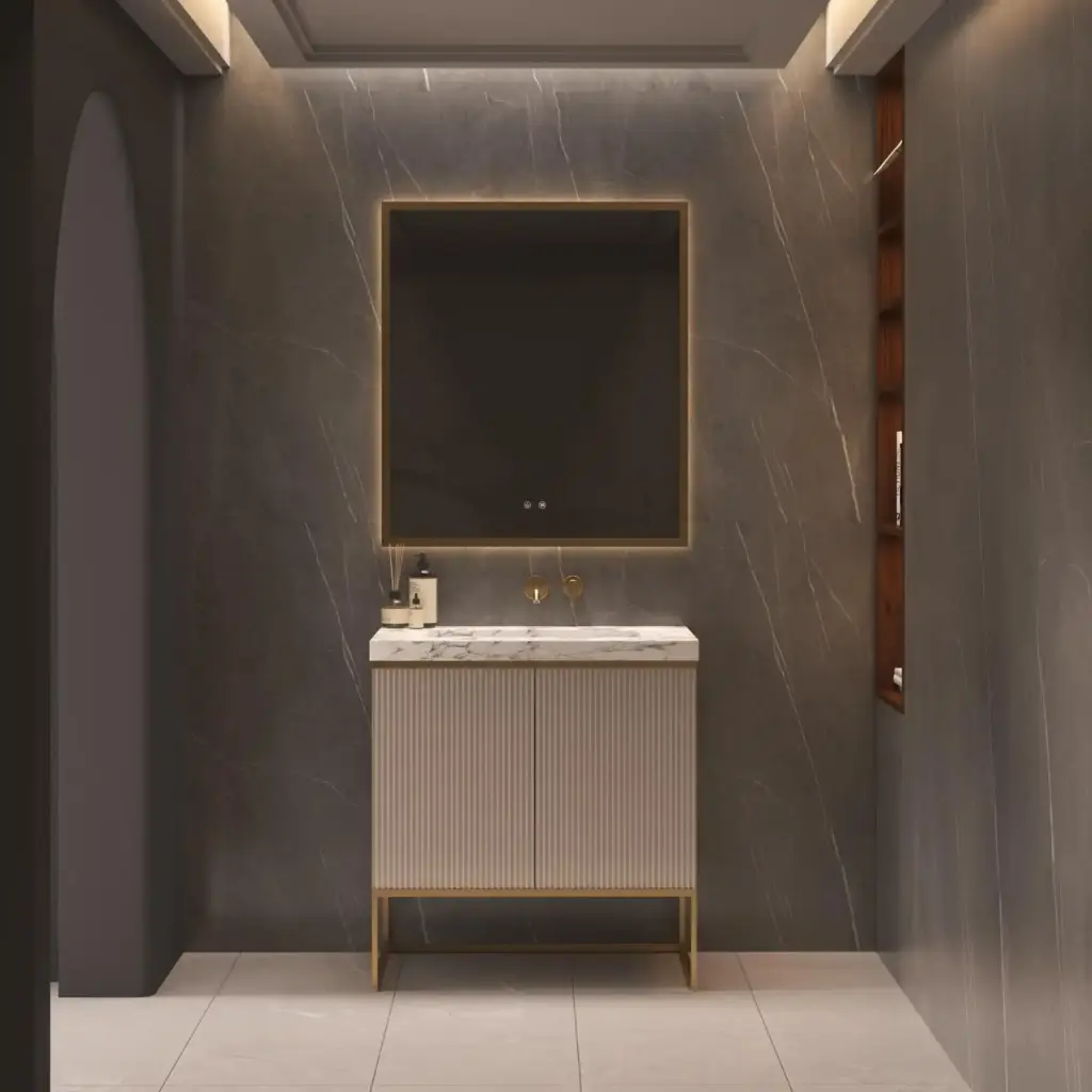belgravia-beige-fluted-vanity-unit Luxurious modern bathroom with a marble sink, illuminated mirror, and sleek dark walls exuding elegance and contemporary design. | Sky Rye Design Luxurious modern bathroom with a marble sink, illuminated mirror, and sleek dark walls exuding elegance and contemporary design.