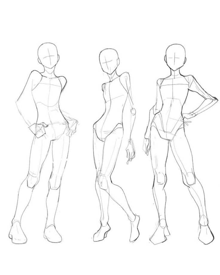 bf2f0890-5082-4ff7-9be4-42b36a1cbf78 Sketch of three mannequin poses, showing different dynamic stances for fashion illustration practice, featuring leg and arm positions. | Sky Rye Design Sketch of three mannequin poses, showing different dynamic stances for fashion illustration practice, featuring leg and arm positions.