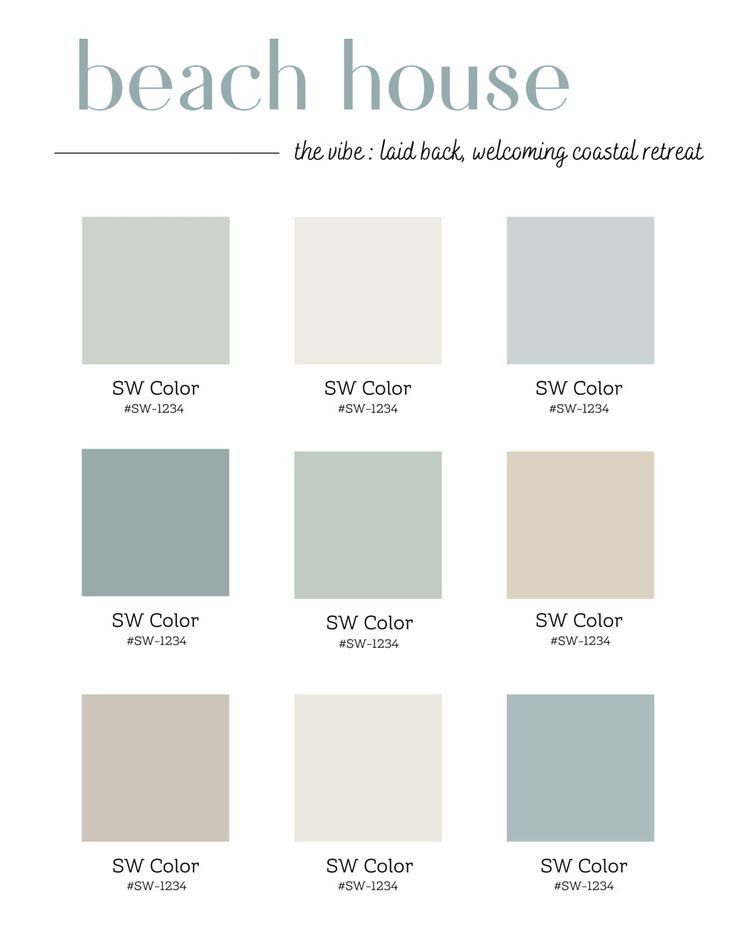 Beach house color palette featuring pastel blues, greens, and neutrals. Perfect for creating a laid back, coastal vibe.