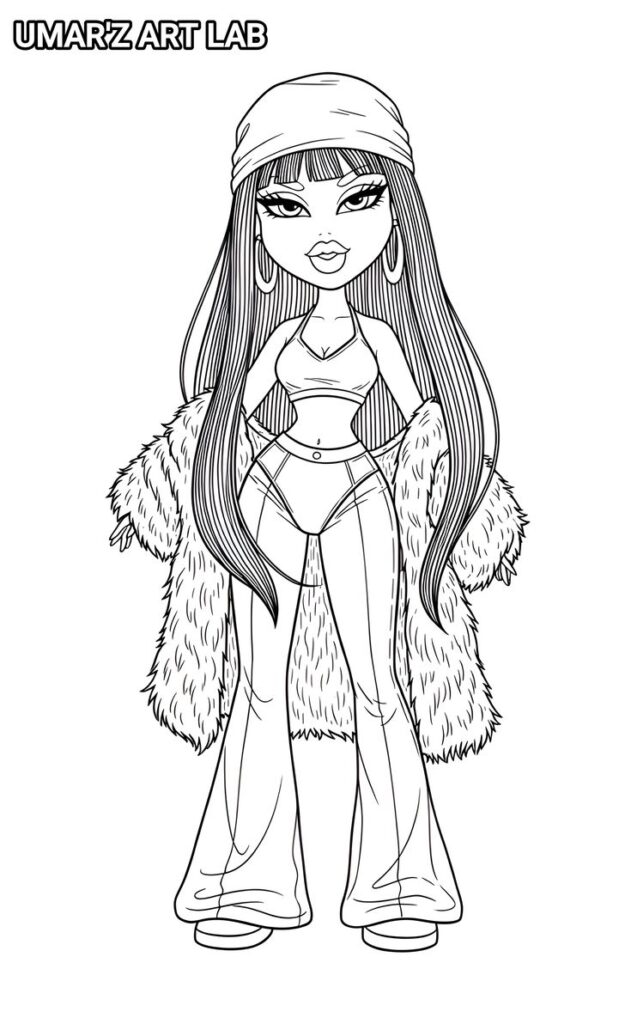 bratz coloring page Stylish fashion illustration of a doll with long hair, headscarf, and fur coat. Retro-inspired outfit with flare pants and crop top. Coloring page. | Sky Rye Design Stylish fashion illustration of a doll with long hair, headscarf, and fur coat. Retro-inspired outfit with flare pants and crop top. Coloring page.
