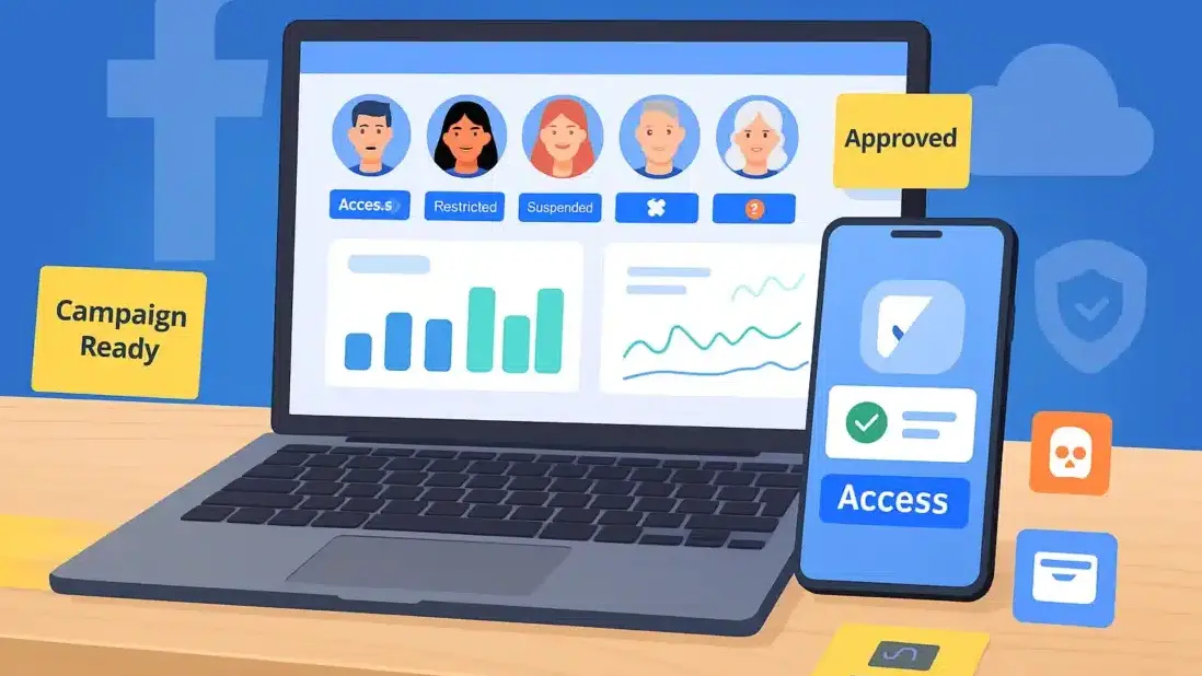 buy-aged-facebook-accounts-rd5rn6awbb61nplug0ihfq274ezh24wyyayqcohw4s Laptop and smartphone displaying user account statuses, graphs, and access approvals for a digital campaign. | Sky Rye Design Laptop and smartphone displaying user account statuses, graphs, and access approvals for a digital campaign.