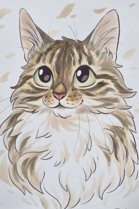 Cute illustrated cat with green eyes and fluffy fur, drawn in a cartoon style on white paper. Ideal for art and pet lovers.