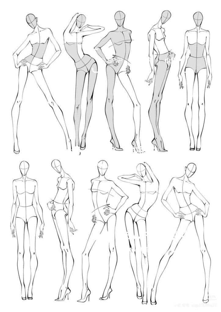 c128db60-42b2-47a6-9c88-f3ee4998f324 Fashion design sketch of nine stylized mannequin figures in various poses, ideal for illustrating clothing concepts and runway modeling. | Sky Rye Design Fashion design sketch of nine stylized mannequin figures in various poses, ideal for illustrating clothing concepts and runway modeling. Best Drawing Books