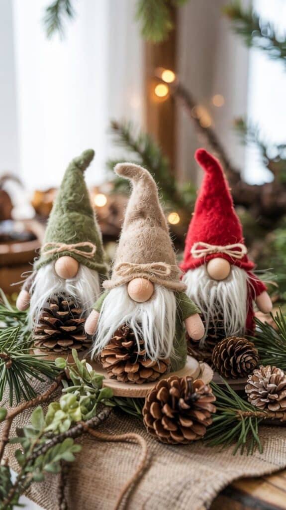 c29b5c5b15d16be75dbfb81b456db34f Three festive gnomes in red, green, and beige hats with pinecones on a rustic table, surrounded by greenery and soft lights. | Sky Rye Design Three festive gnomes in red, green, and beige hats with pinecones on a rustic table, surrounded by greenery and soft lights.