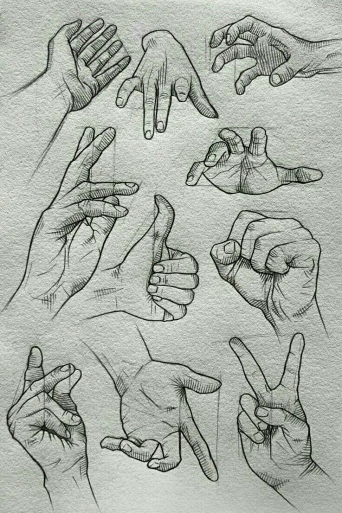 Artistic sketch of various hand gestures on paper, showcasing detailed pencil drawings and different hand positions for artist reference.