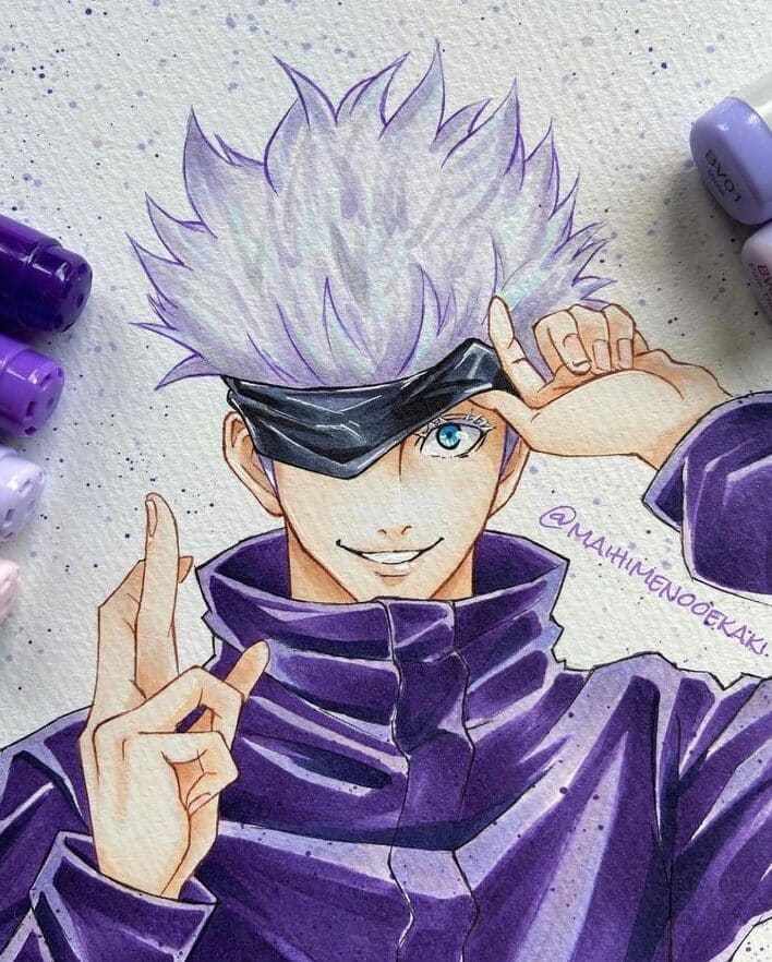 Anime character illustration with white hair, blindfold, and purple attire, holding up peace sign; vibrant markers in the background.