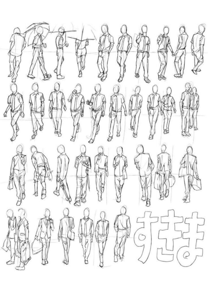 c5e60361-cf23-4d1e-be69-f7abee52c566 Sketches of people walking in various poses and perspectives, wearing business attire with briefcases and umbrellas. | Sky Rye Design Sketches of people walking in various poses and perspectives, wearing business attire with briefcases and umbrellas.