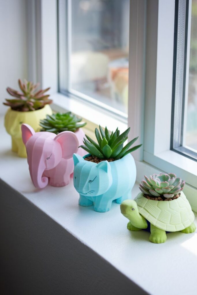 Cute animal-shaped planters with succulents on a sunny windowsill, including elephant, cat, and turtle designs, add charm and greenery.