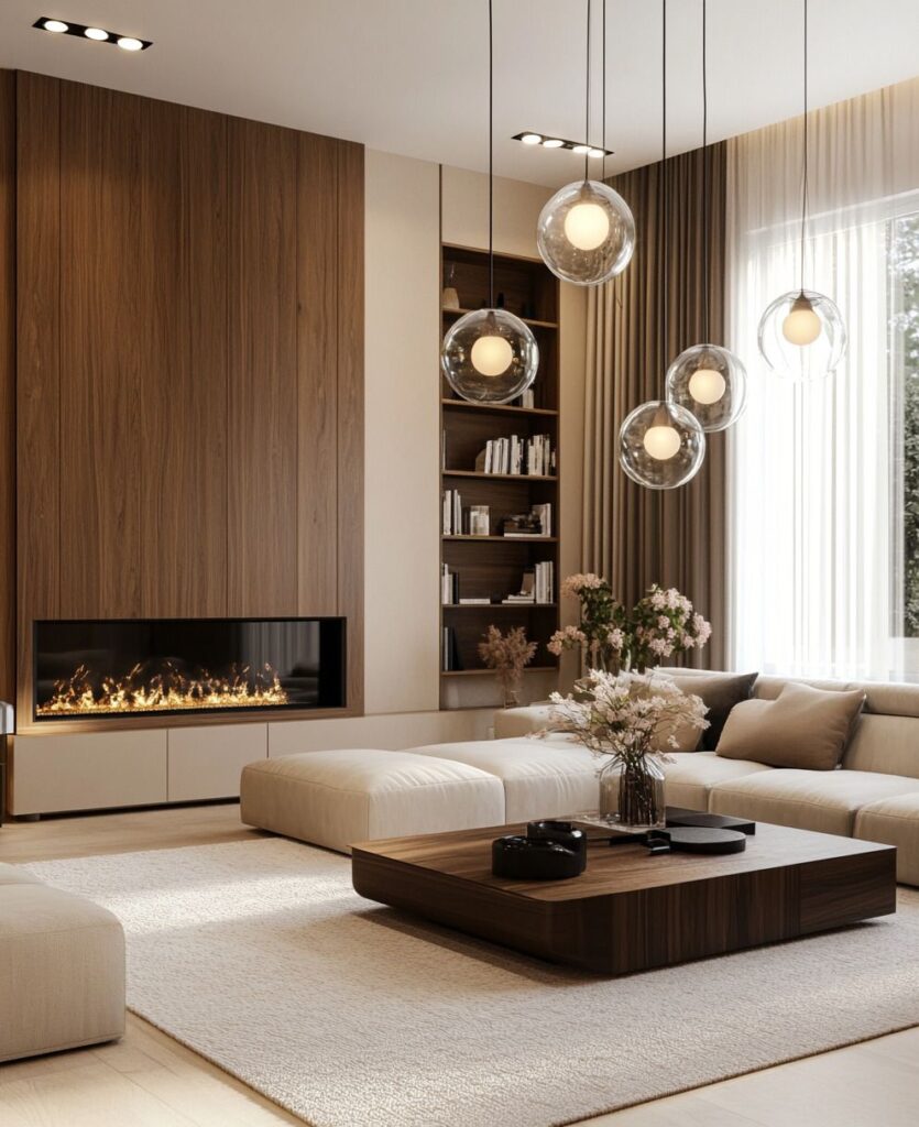 c763ed4f59ab3532e700e30208bb1060 Modern living room with wooden accents, cozy fireplace, pendant lights, and a plush beige sofa for a warm, inviting atmosphere. | Sky Rye Design Modern living room with wooden accents, cozy fireplace, pendant lights, and a plush beige sofa for a warm, inviting atmosphere.