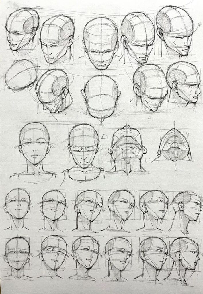 c7d5fdb7-9252-4a7e-b2db-21d39a693424 Sketches of male head angles and proportions, showcasing front, side, and top views for drawing reference and anatomy study. | Sky Rye Design Sketches of male head angles and proportions, showcasing front, side, and top views for drawing reference and anatomy study.