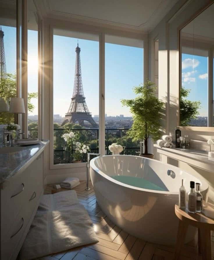 c7e11b94-fdf6-4519-90e9-dc2009697484 Luxurious bathroom with a tub, offering a stunning view of the Eiffel Tower through large windows. Perfect Parisian relaxation setting. | Sky Rye Design Luxurious bathroom with a tub, offering a stunning view of the Eiffel Tower through large windows. Perfect Parisian relaxation setting.