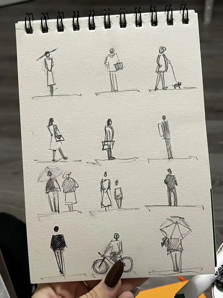c9d8de411cc6aaf10044f8e3ecf7bbc8 Sketches of various people in different poses on a notepad, featuring a biker, umbrella, and individuals walking, illustrating everyday life. | Sky Rye Design Sketches of various people in different poses on a notepad, featuring a biker, umbrella, and individuals walking, illustrating everyday life.