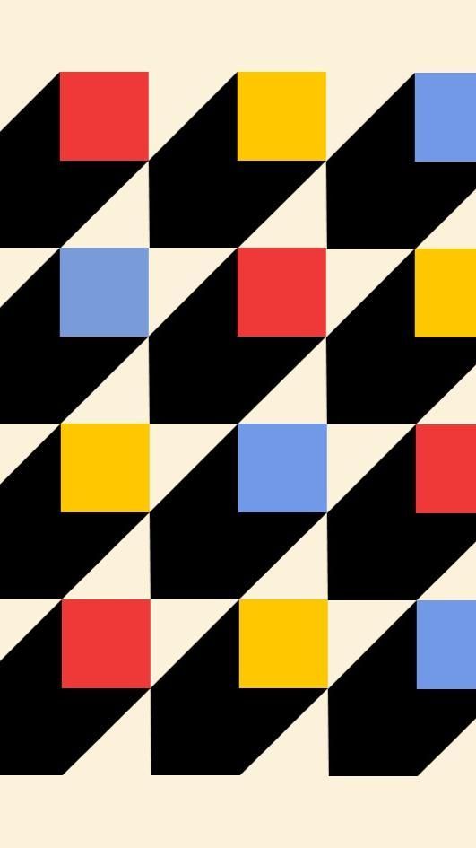 Geometric pattern with colorful squares and black triangles on a beige background, featuring red, yellow, and blue elements.