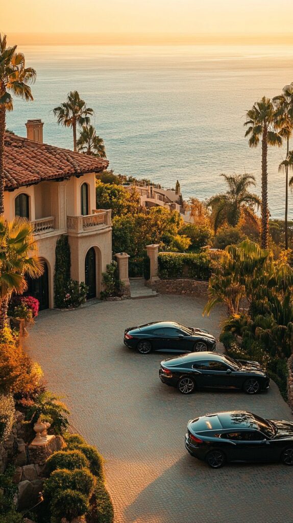 cd177ad8-3b52-499e-805b-60e198b891b3 Luxury seaside villa with three sleek cars parked in the driveway, surrounded by palm trees and a stunning ocean view at sunset. | Sky Rye Design Luxury seaside villa with three sleek cars parked in the driveway, surrounded by palm trees and a stunning ocean view at sunset.