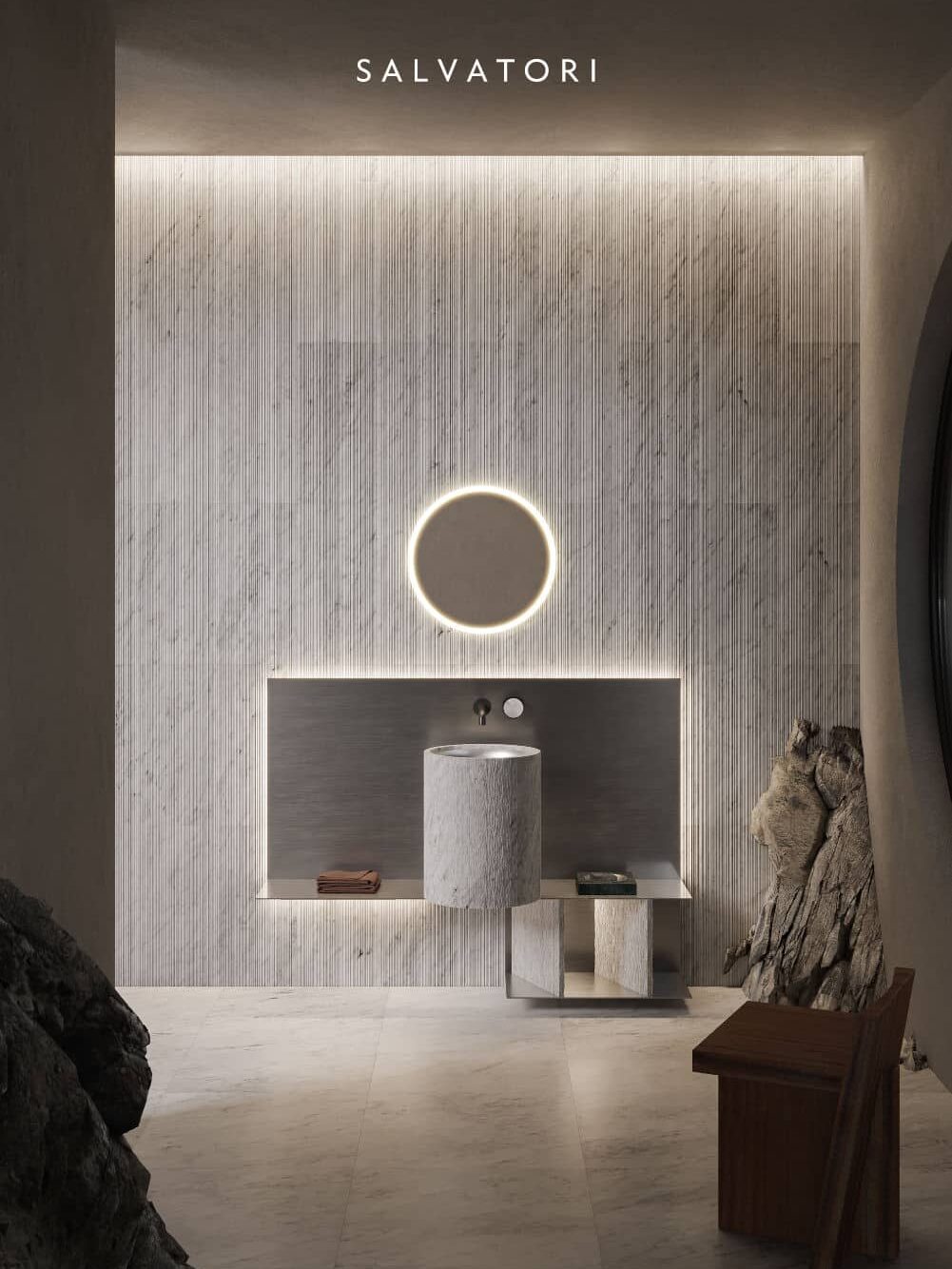 Modern minimalist bathroom with textured stone walls, circular mirror, and a stylish cylindrical sink illuminated by soft ambient lighting.
