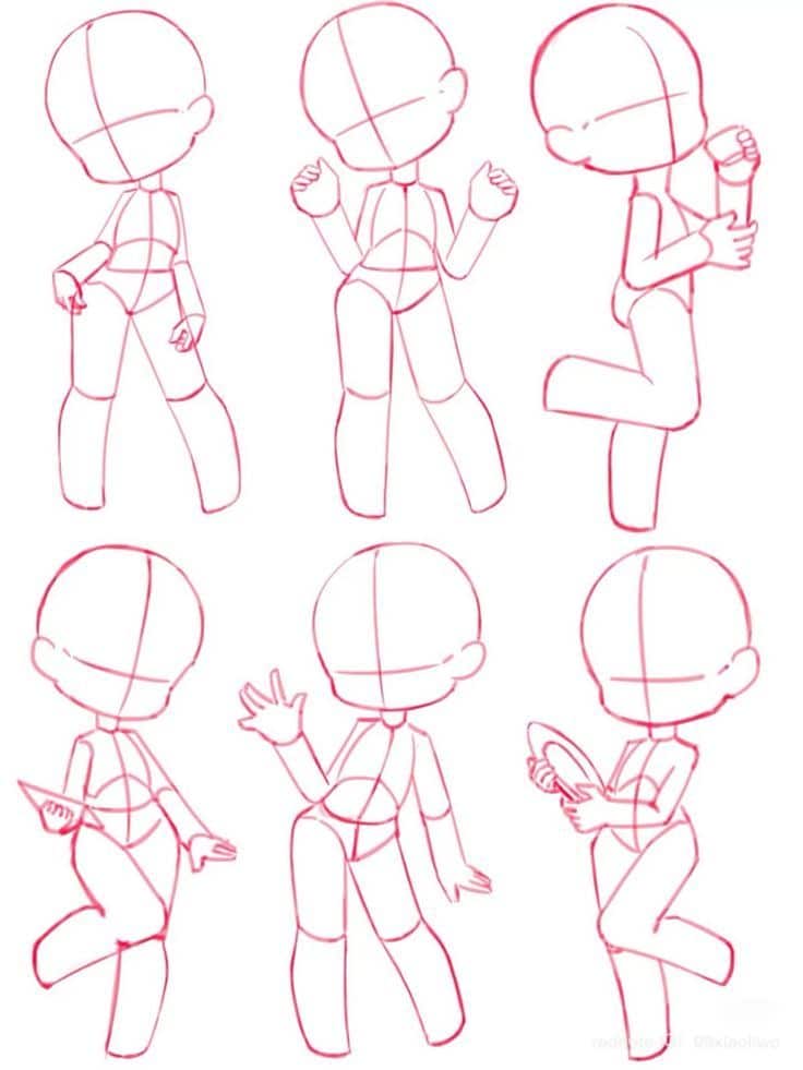 chibi doll poses Anime-style character pose sketches, six different poses, each showcasing varied gestures and movements. | Sky Rye Design Anime-style character pose sketches, six different poses, each showcasing varied gestures and movements.