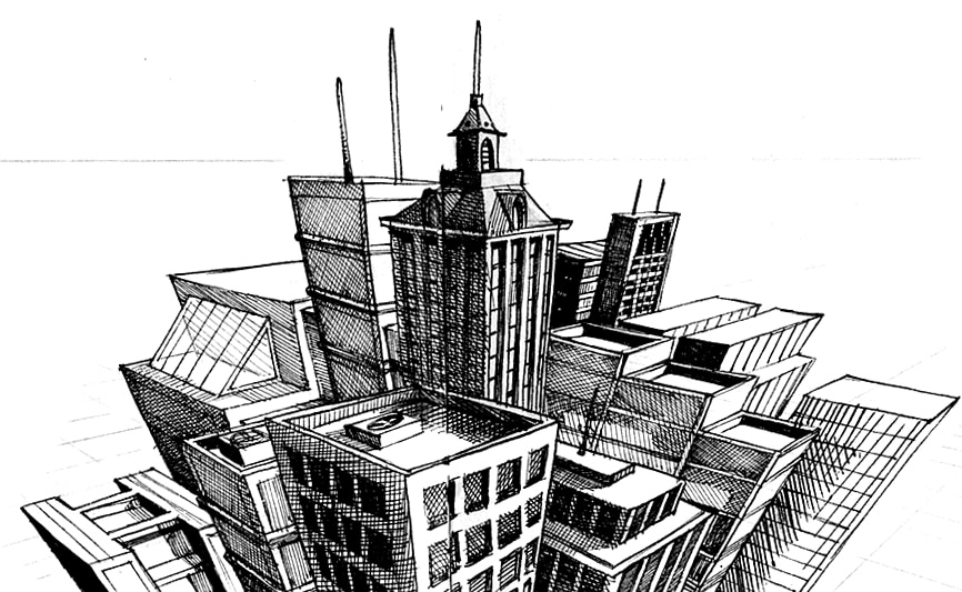 cityscape02 Black and white architectural drawing of a futuristic city skyline, highlighting geometric building designs and urban development concepts. | Sky Rye Design Black and white architectural drawing of a futuristic city skyline, highlighting geometric building designs and urban development concepts.