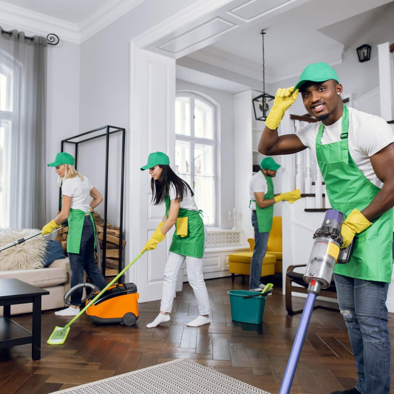 Team of professional cleaners tidying a modern living room, wearing green aprons and hats, with vacuum and mop in hand.